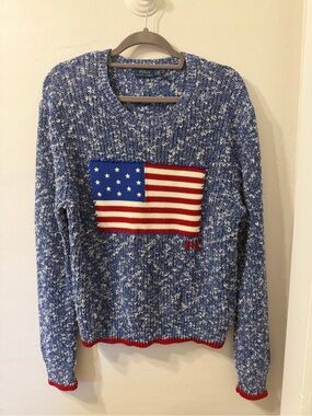 Ralph Lauren Blue Marled Crewneck Sweater with American Flag